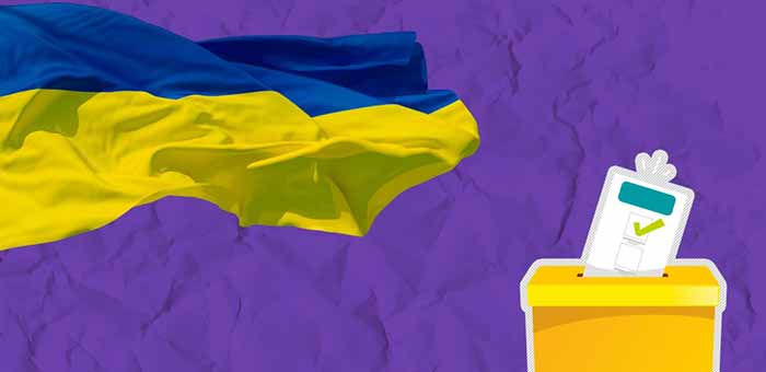 Намальована картинка виборча урна на тлі українського прапора