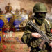 Російський солдат на фоні герба